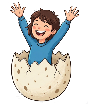A happy person hatching from an egg with arms raised